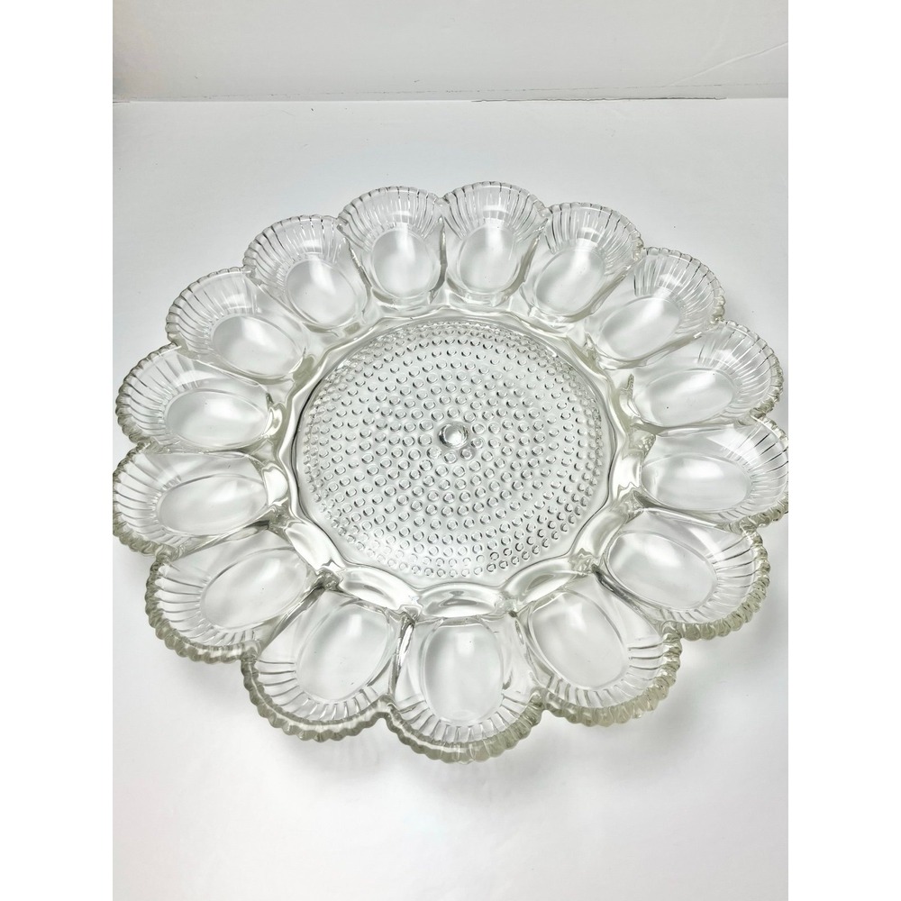 Vintage LARGE Heavy Glass DEVILED EGG Dish with Scalloped Ribbed Edge Design